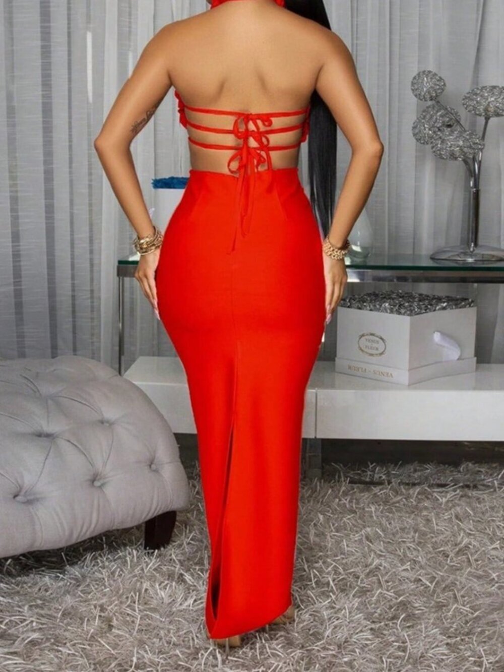 Red Sexy Halterneck Women's Elegant Large Flower Hip-Hugging Evening Dress - Picture 2 of 3